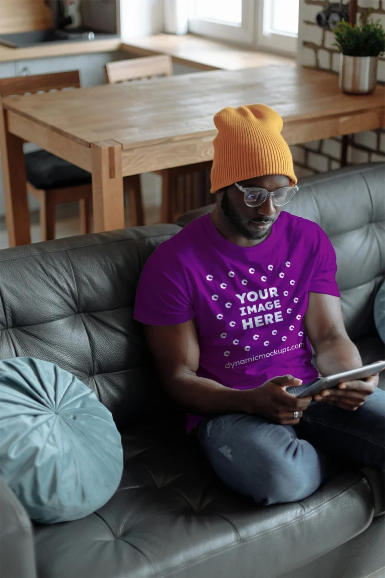 Man Wearing Purple T-shirt Mockup Front View Template