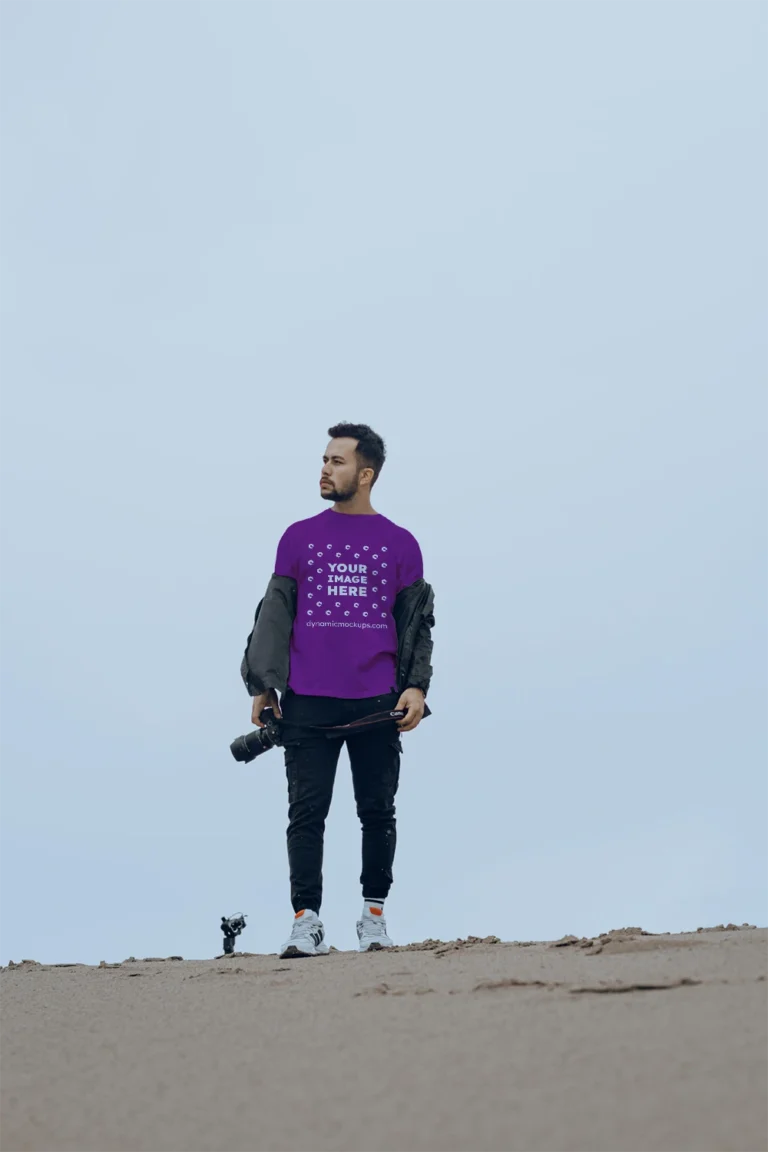 Man Wearing Purple T-shirt Mockup Front View Template