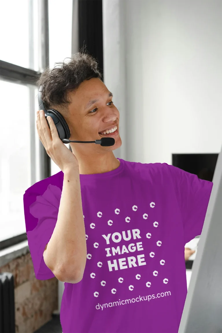 Man Wearing Purple T-shirt Mockup Front View Template