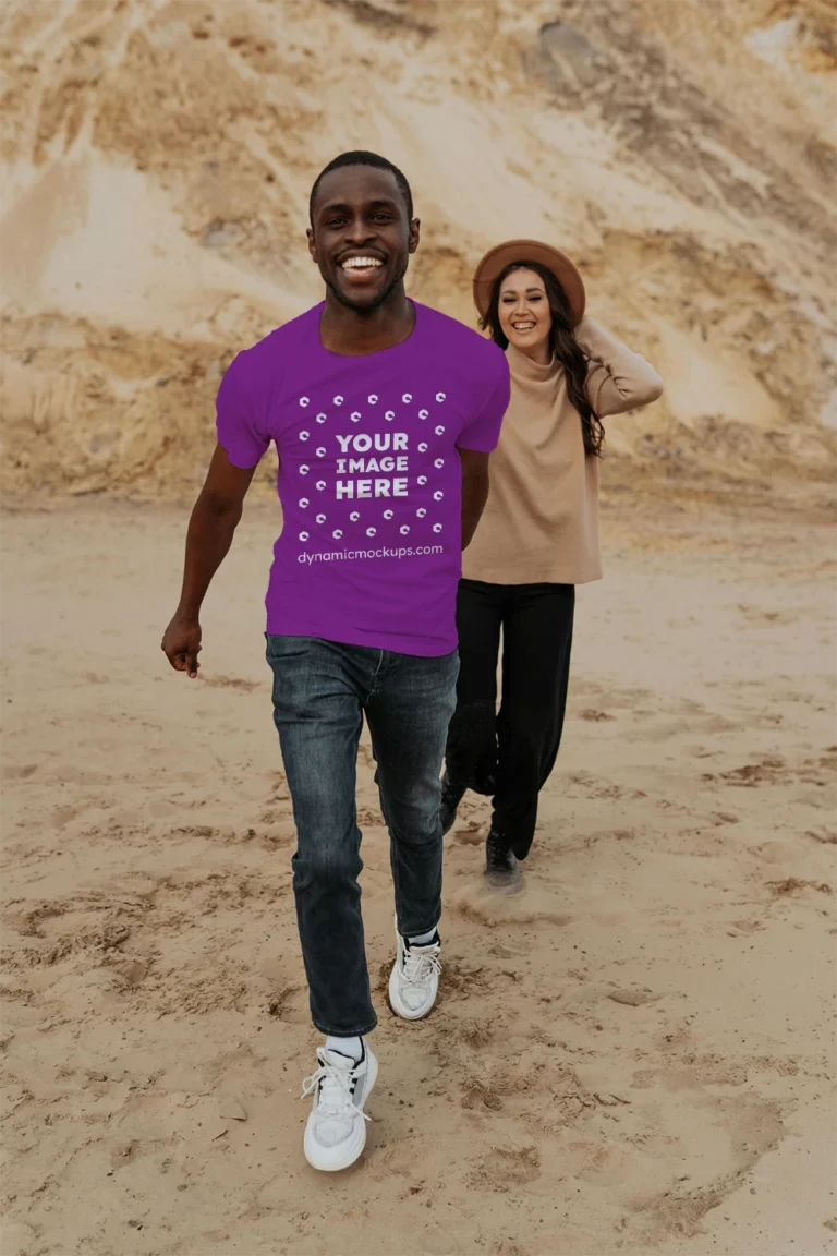 Man Wearing Purple T-shirt Mockup Front View Template