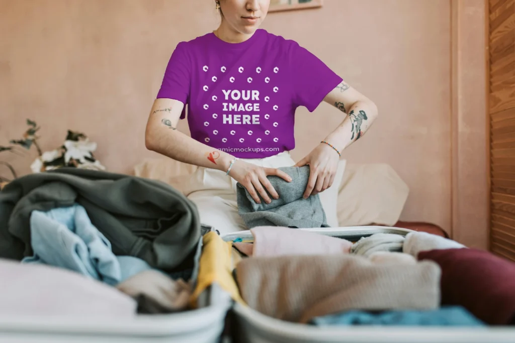 Man Wearing Purple T-shirt Mockup Front View Template