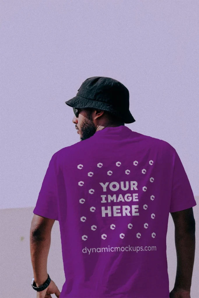 Man Wearing Purple T-shirt Mockup Back View Template