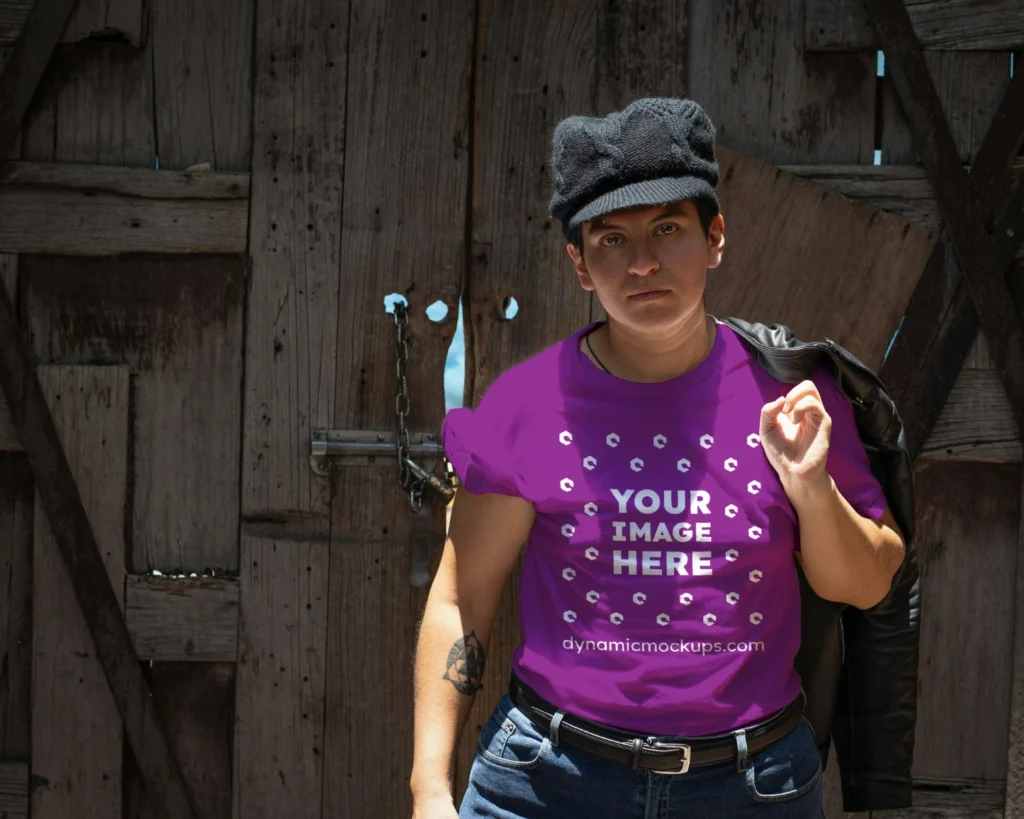 Man Wearing Purple T-shirt Mockup Front View Template