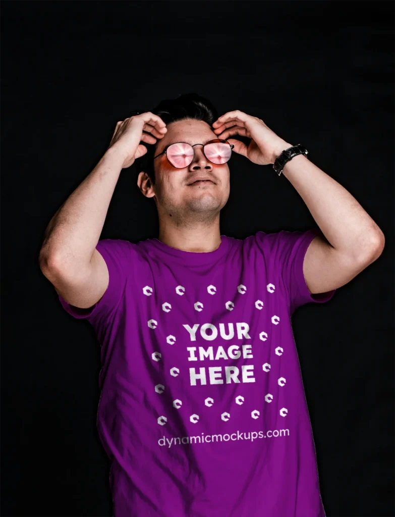 Man Wearing Purple T-shirt Mockup Front View Template