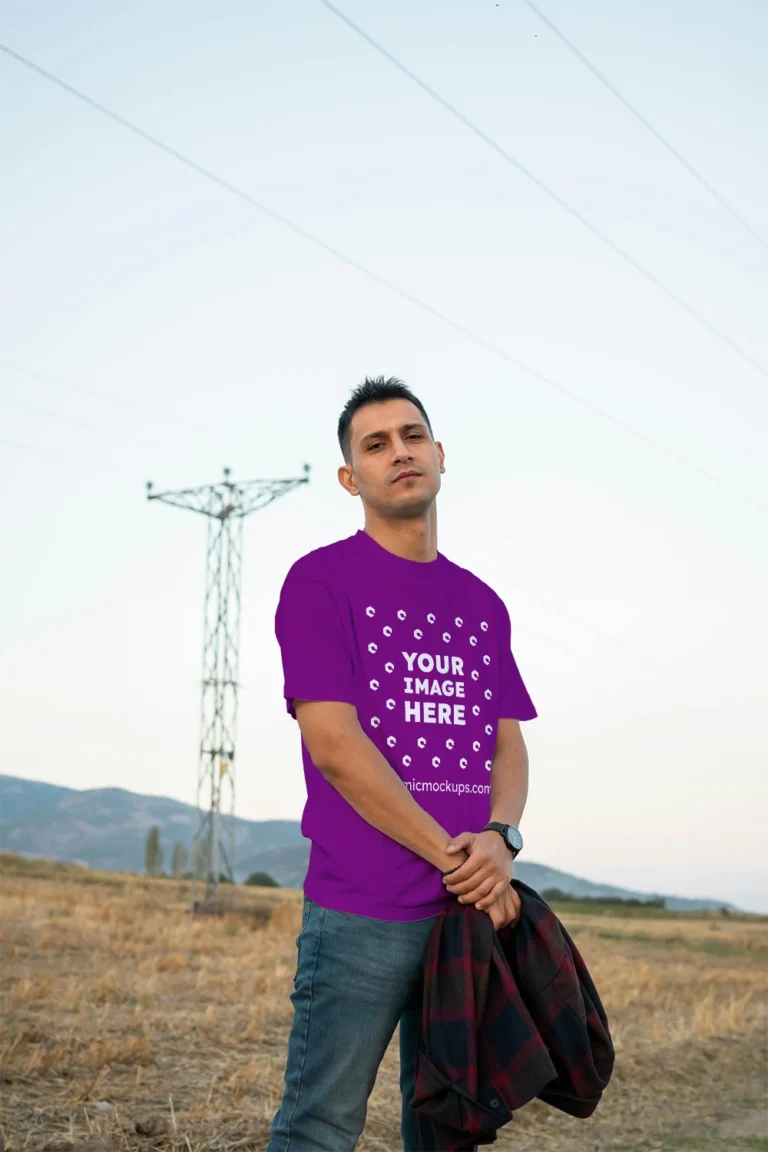 Man Wearing Purple T-shirt Mockup Front View Template