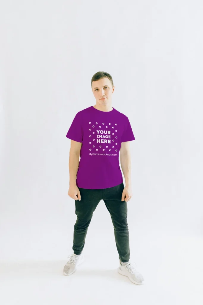 Man Wearing Purple T-shirt Mockup Front View Template