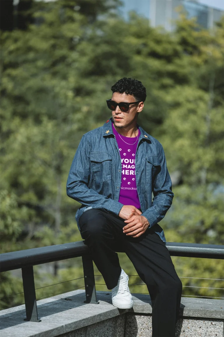 Man Wearing Purple T-shirt Mockup Front View Template