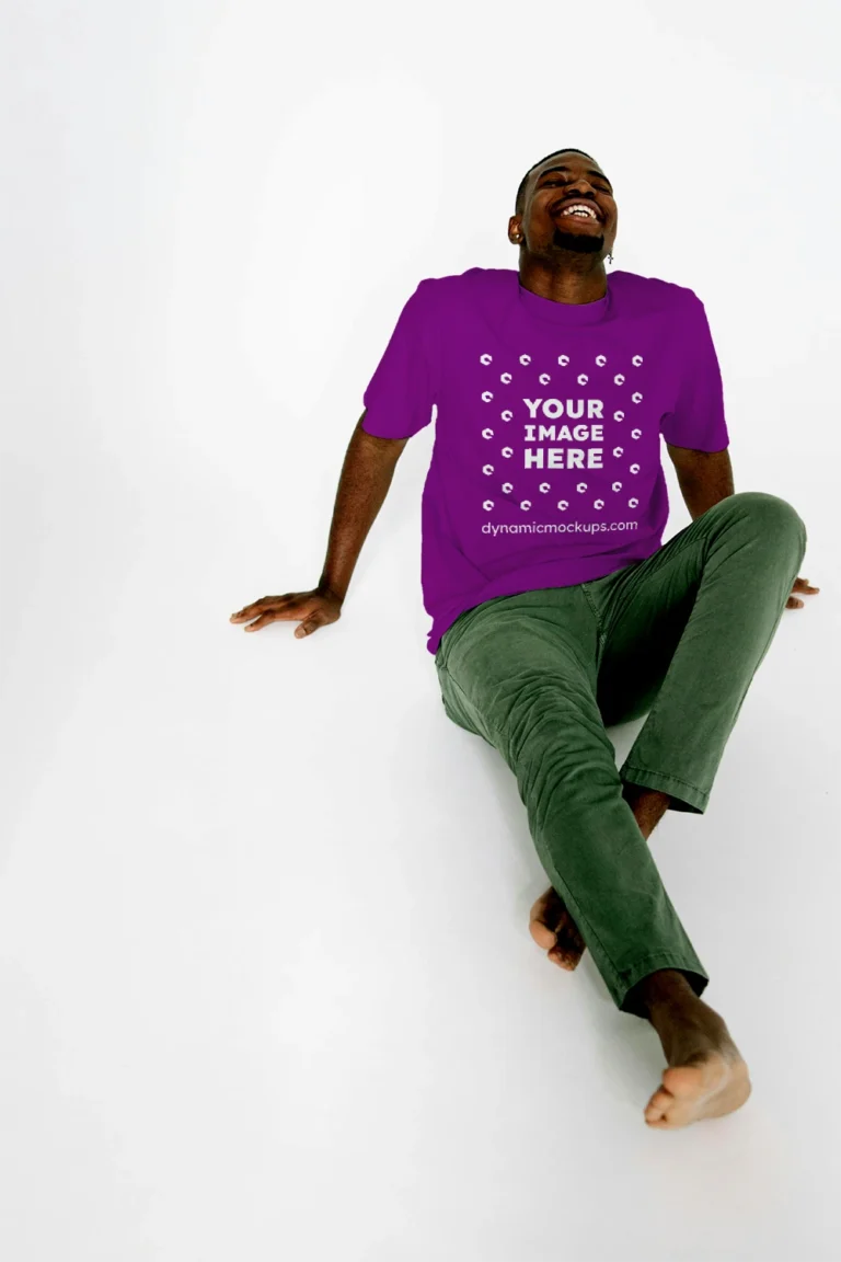 Man Wearing Purple T-shirt Mockup Front View Template