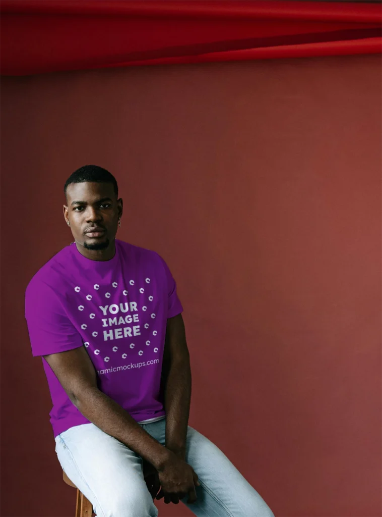 Man Wearing Purple T-shirt Mockup Front View Template