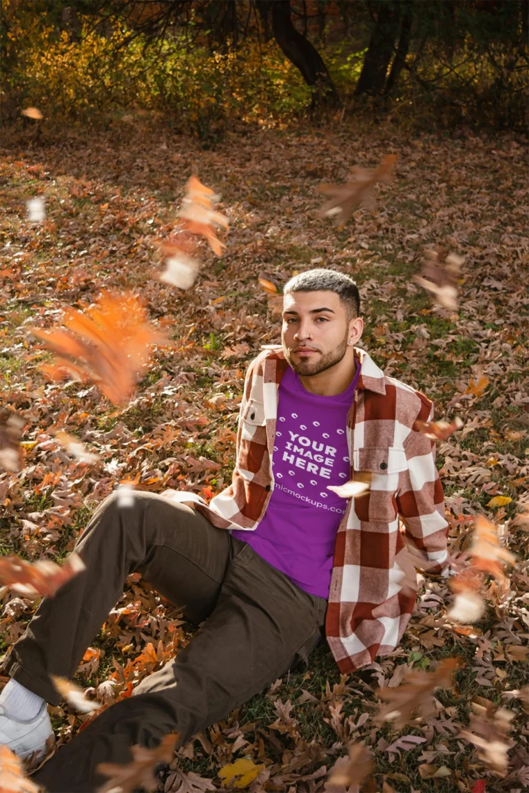 Man Wearing Purple T-shirt Mockup Front View Template