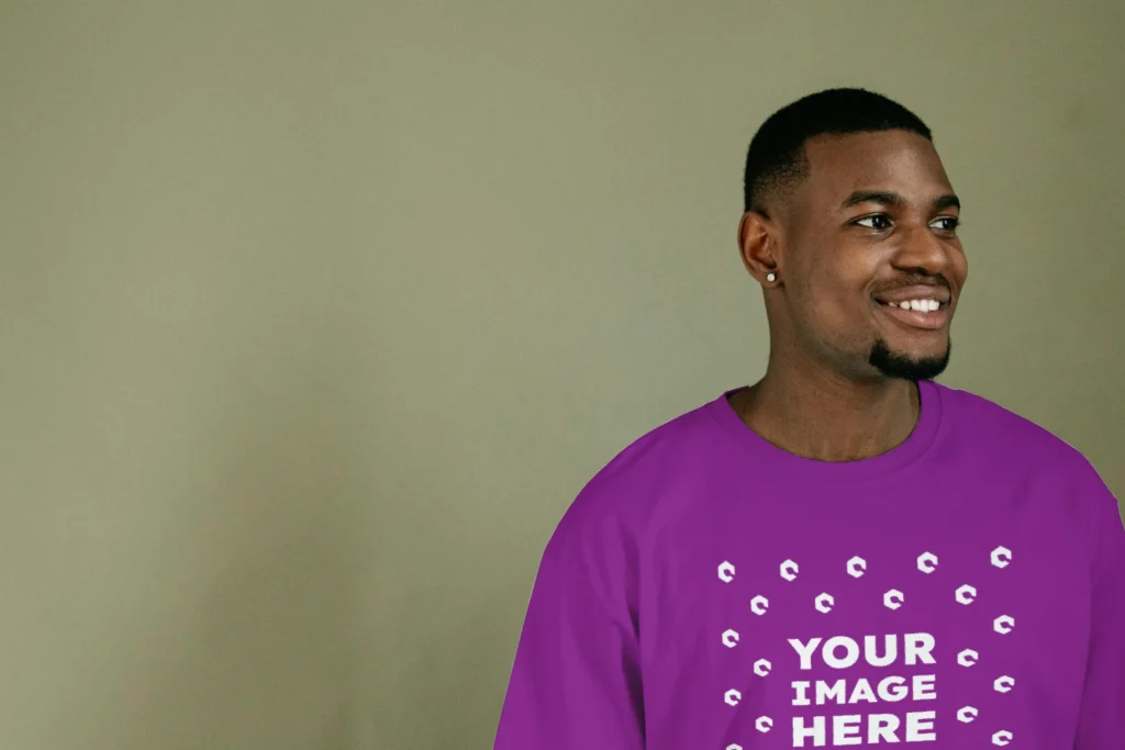 Man Wearing Purple T-shirt Mockup Front View Template