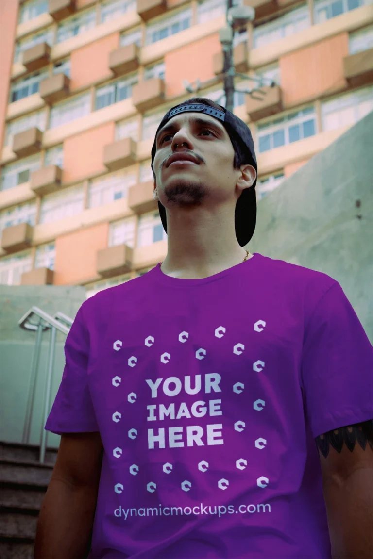 Man Wearing Purple T-shirt Mockup Front View Template