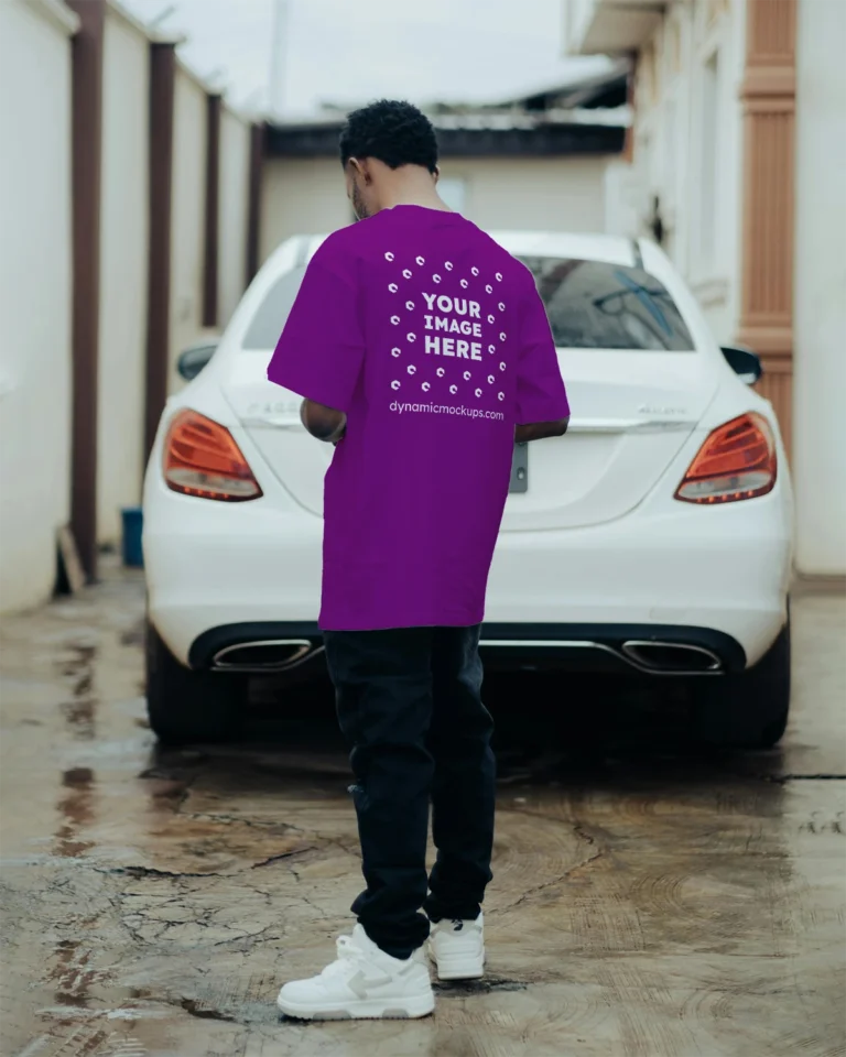 Man Wearing Purple T-shirt Mockup Back View Template