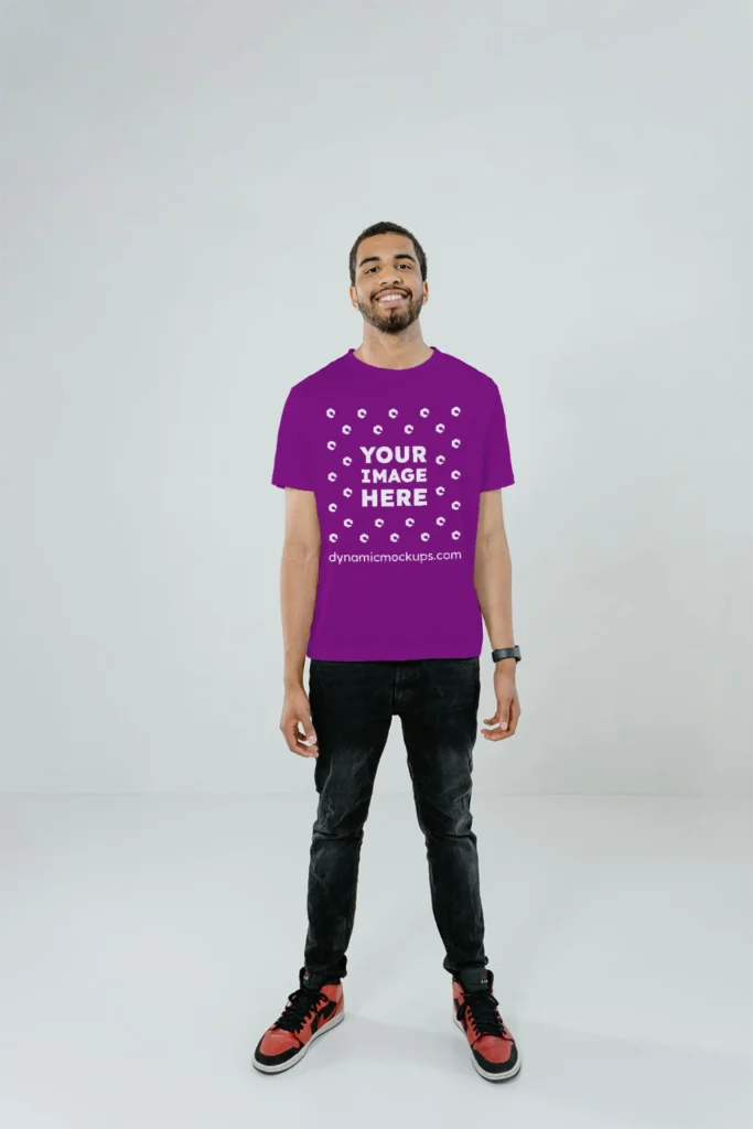 Man Wearing Purple T-shirt Mockup Front View Template