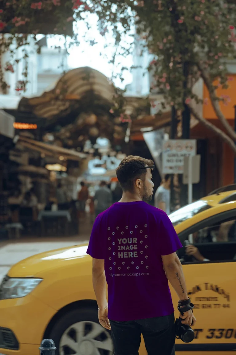 Man Wearing Purple T-shirt Mockup Back View Template