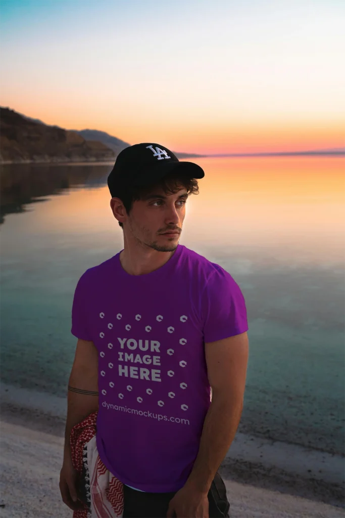 Man Wearing Purple T-shirt Mockup Front View Template