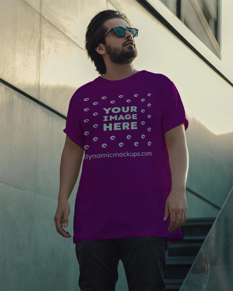 Man Wearing Purple T-shirt Mockup Front View Template