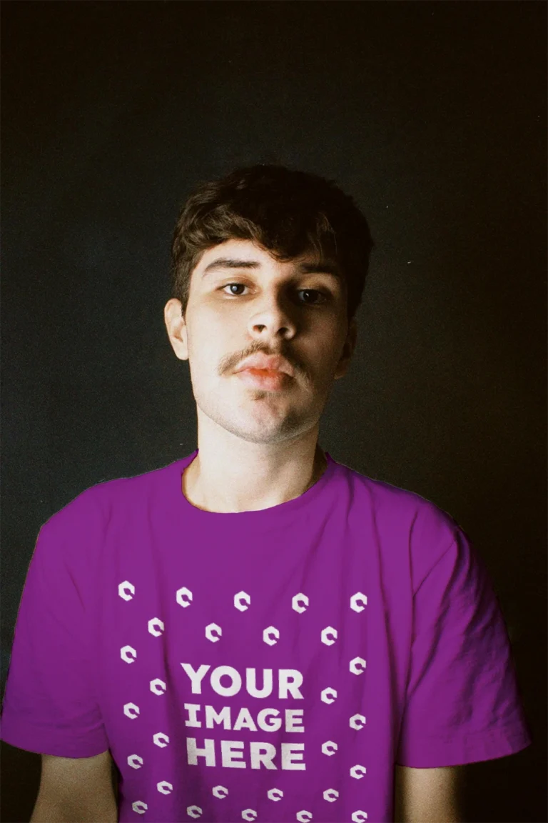 Man Wearing Purple T-shirt Mockup Front View Template