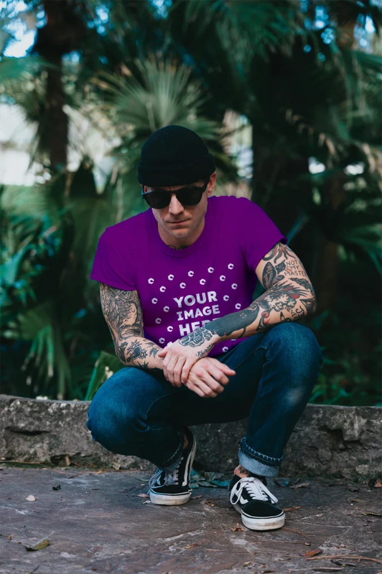 Man Wearing Purple T-shirt Mockup Front View Template