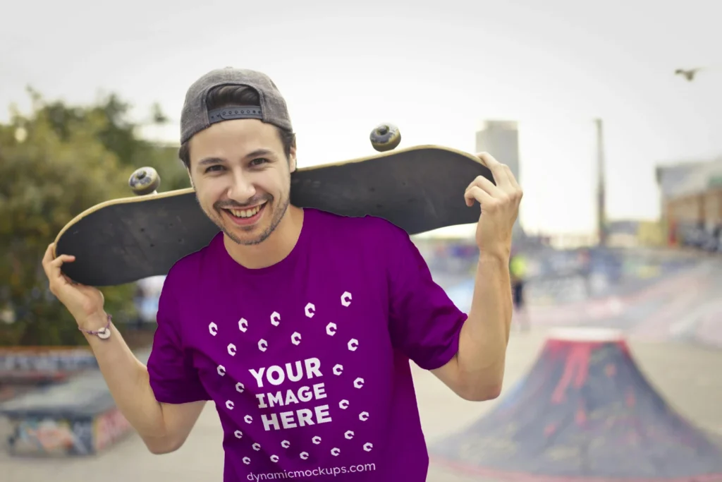 Man Wearing Purple T-shirt Mockup Front View Template