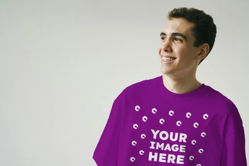 Man Wearing Purple T-shirt Mockup Front View Template