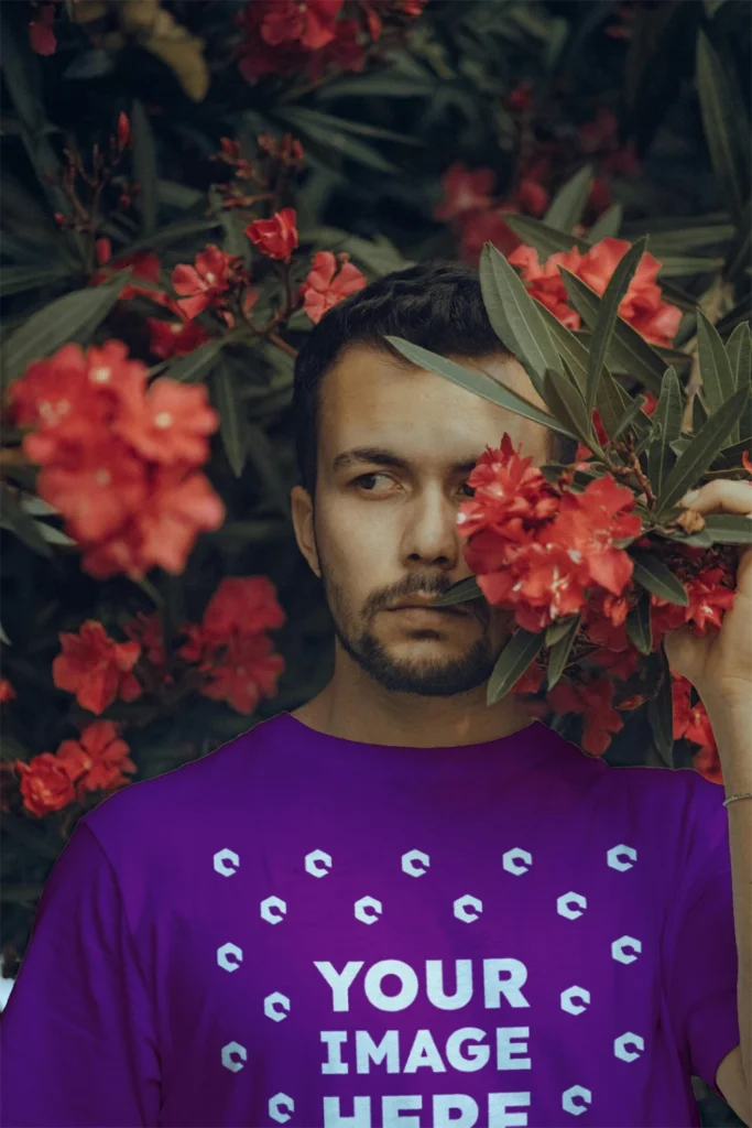 Man Wearing Purple T-shirt Mockup Front View Template