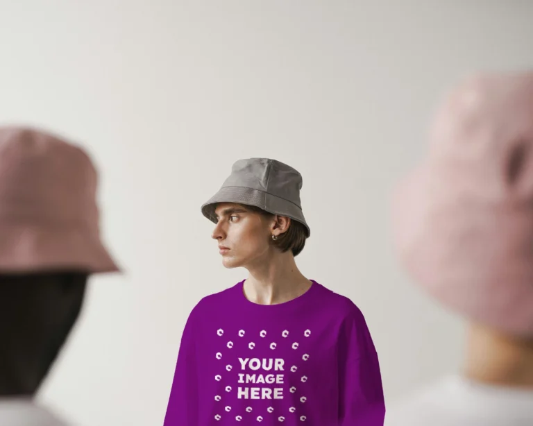 Man Wearing Purple T-shirt Mockup Front View Template