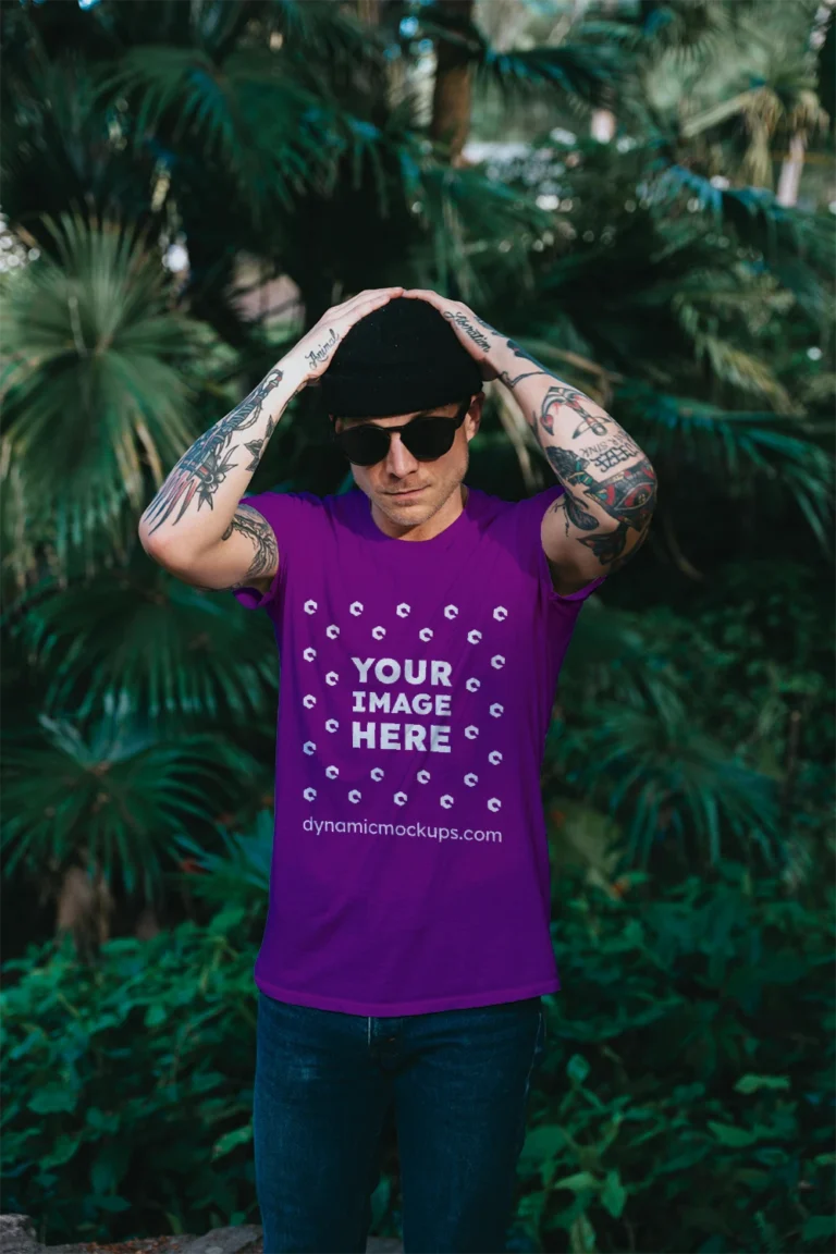 Man Wearing Purple T-shirt Mockup Front View Template