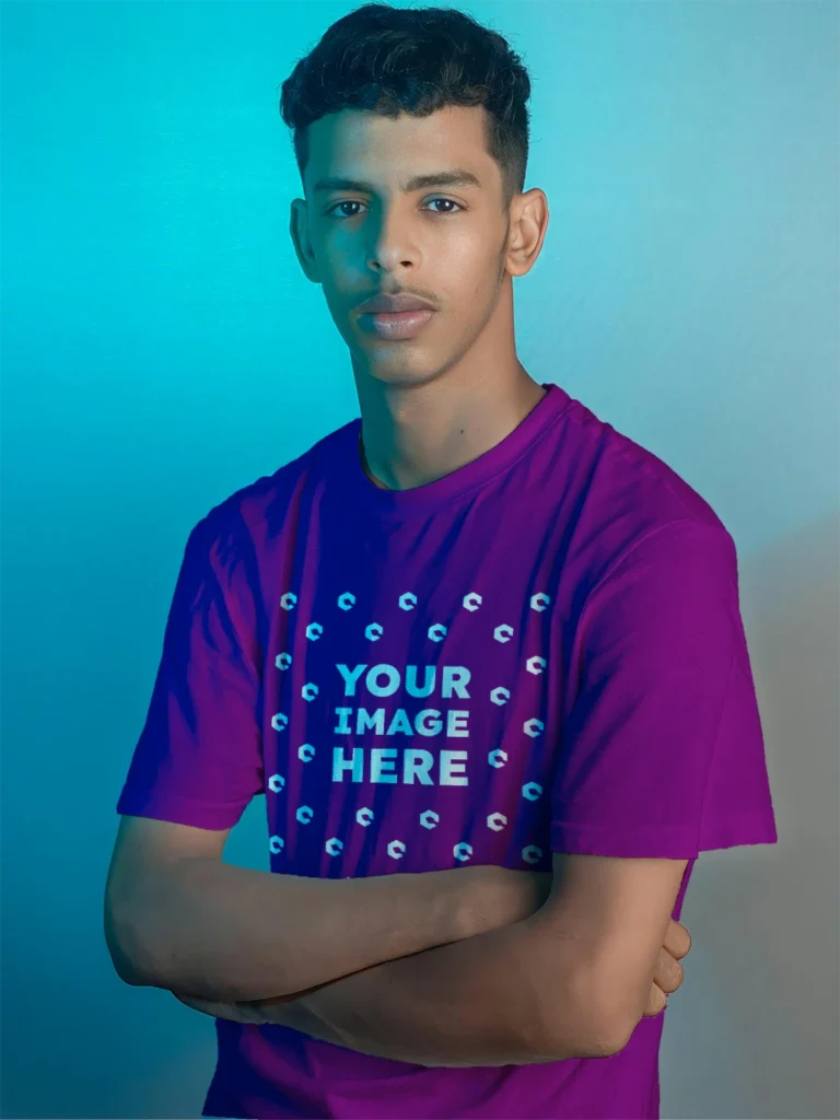 Man Wearing Purple T-shirt Mockup Front View Template