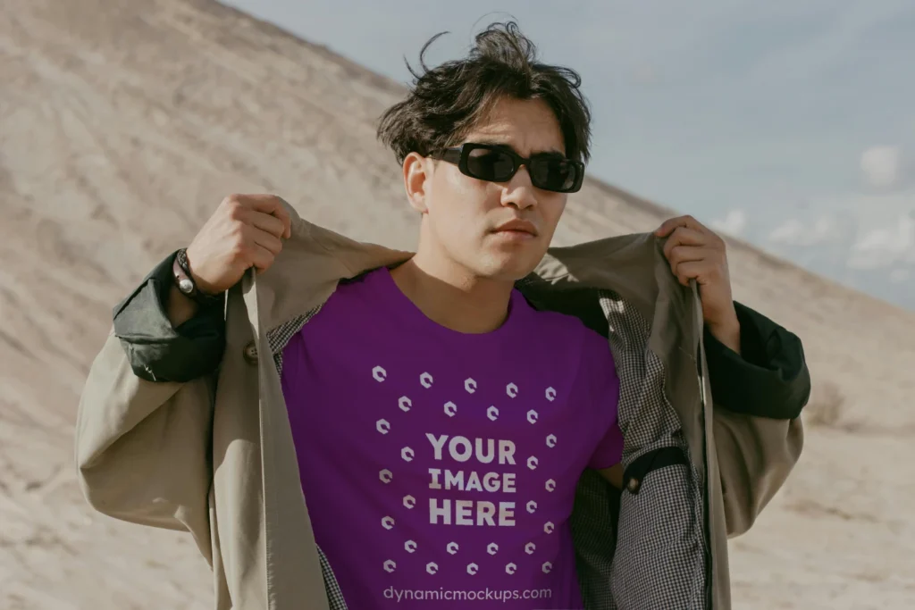 Man Wearing Purple T-shirt Mockup Front View Template