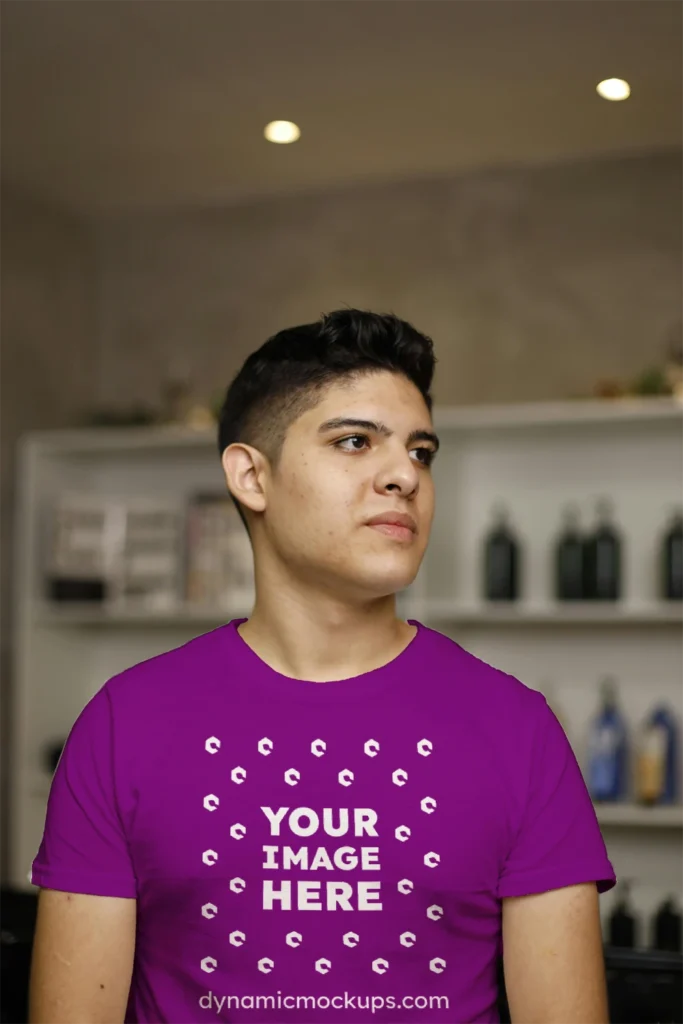 Man Wearing Purple T-shirt Mockup Front View Template