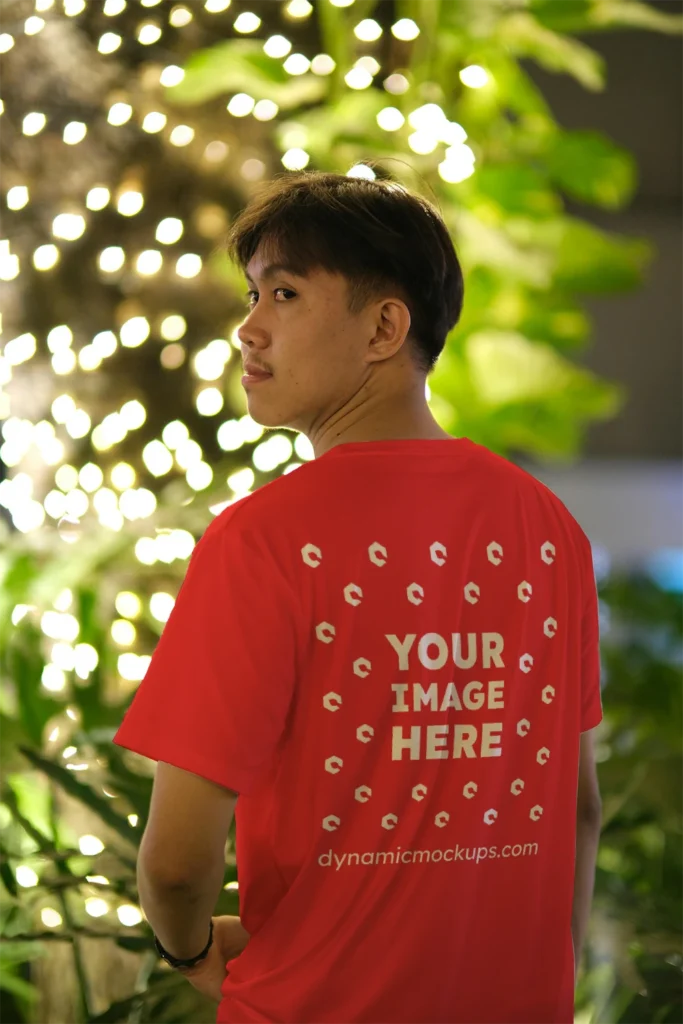 Man Wearing Red T-shirt Mockup Back View Template