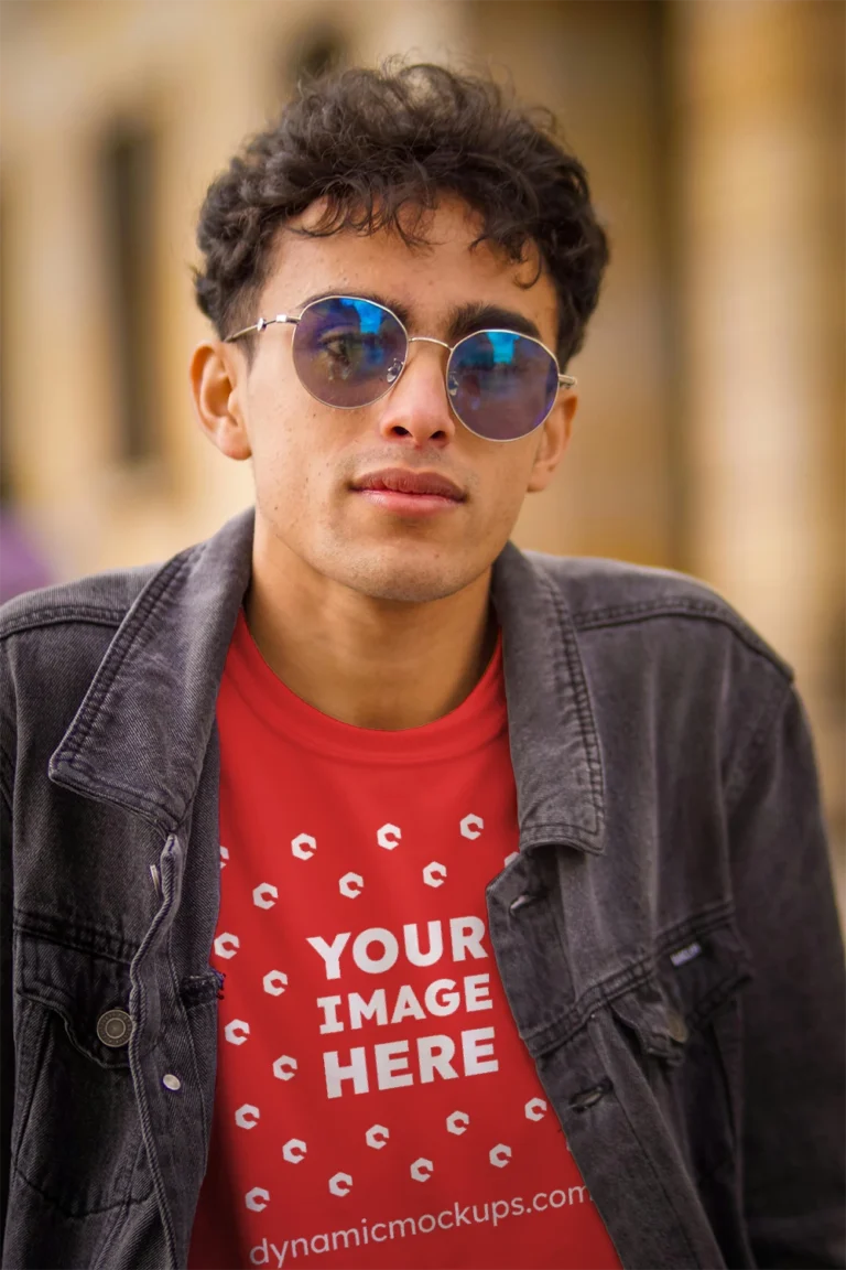 Man Wearing Red T-shirt Mockup Front View Template