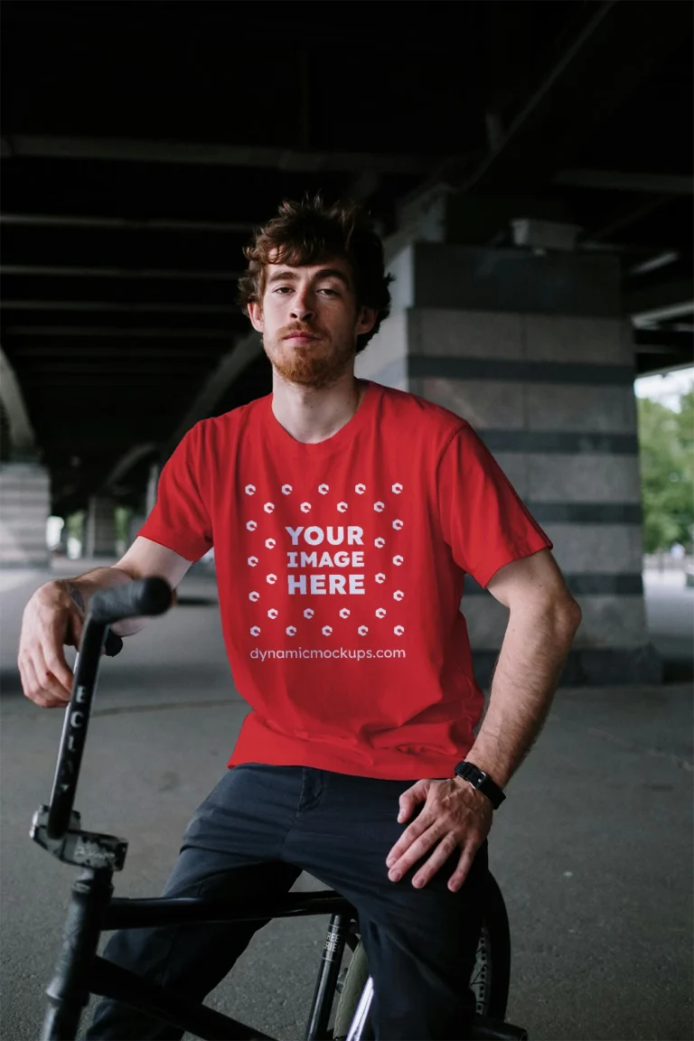 Man Wearing Red T-shirt Mockup Front View Template