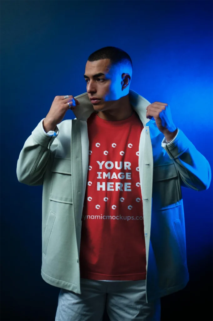 Man Wearing Red T-shirt Mockup Front View Template