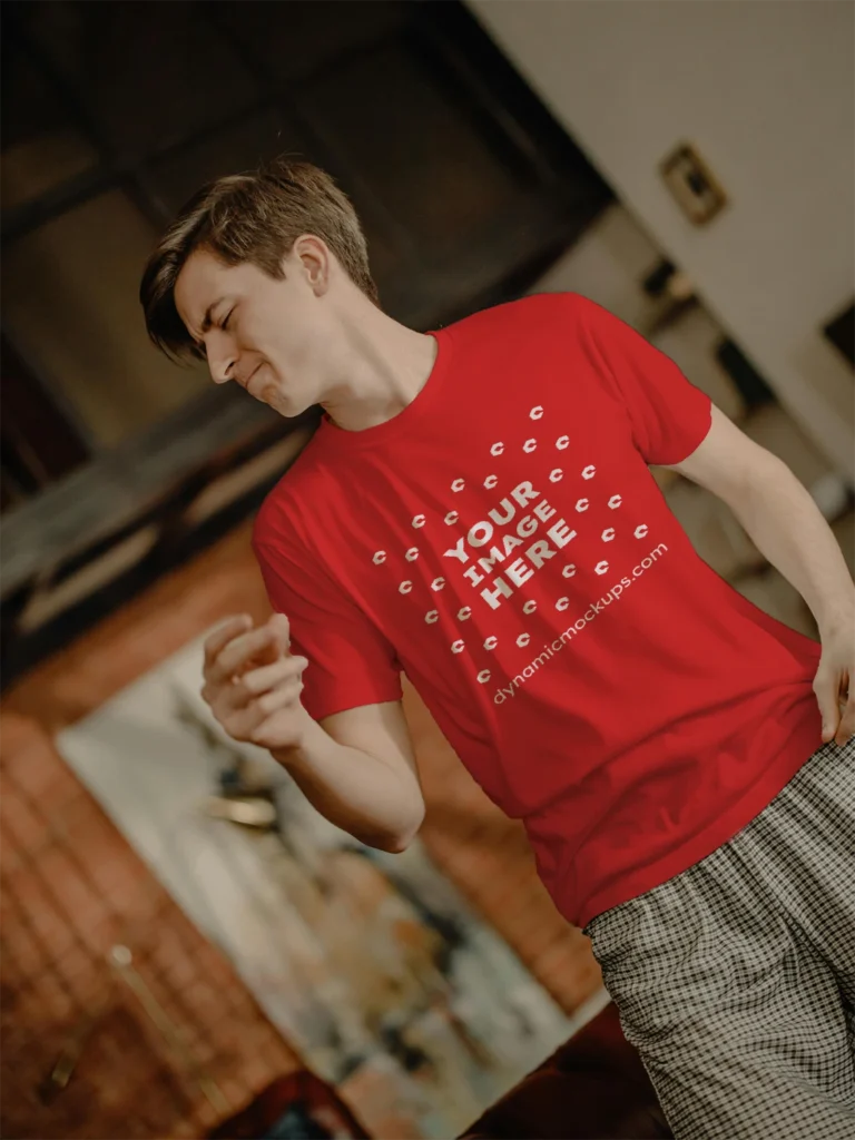 Man Wearing Red T-shirt Mockup Front View Template