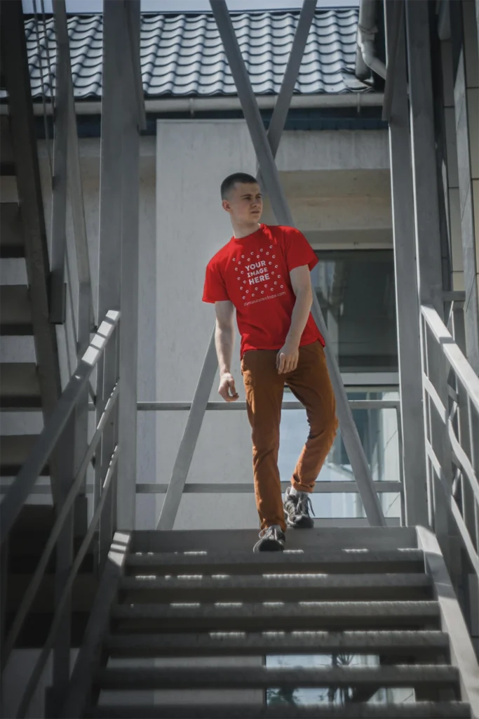 Man Wearing Red T-shirt Mockup Front View Template