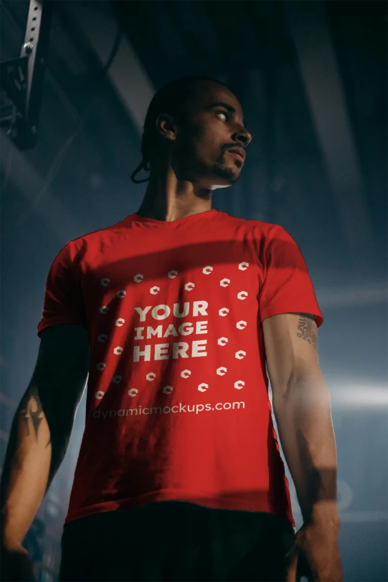 Man Wearing Red T-shirt Mockup Front View Template