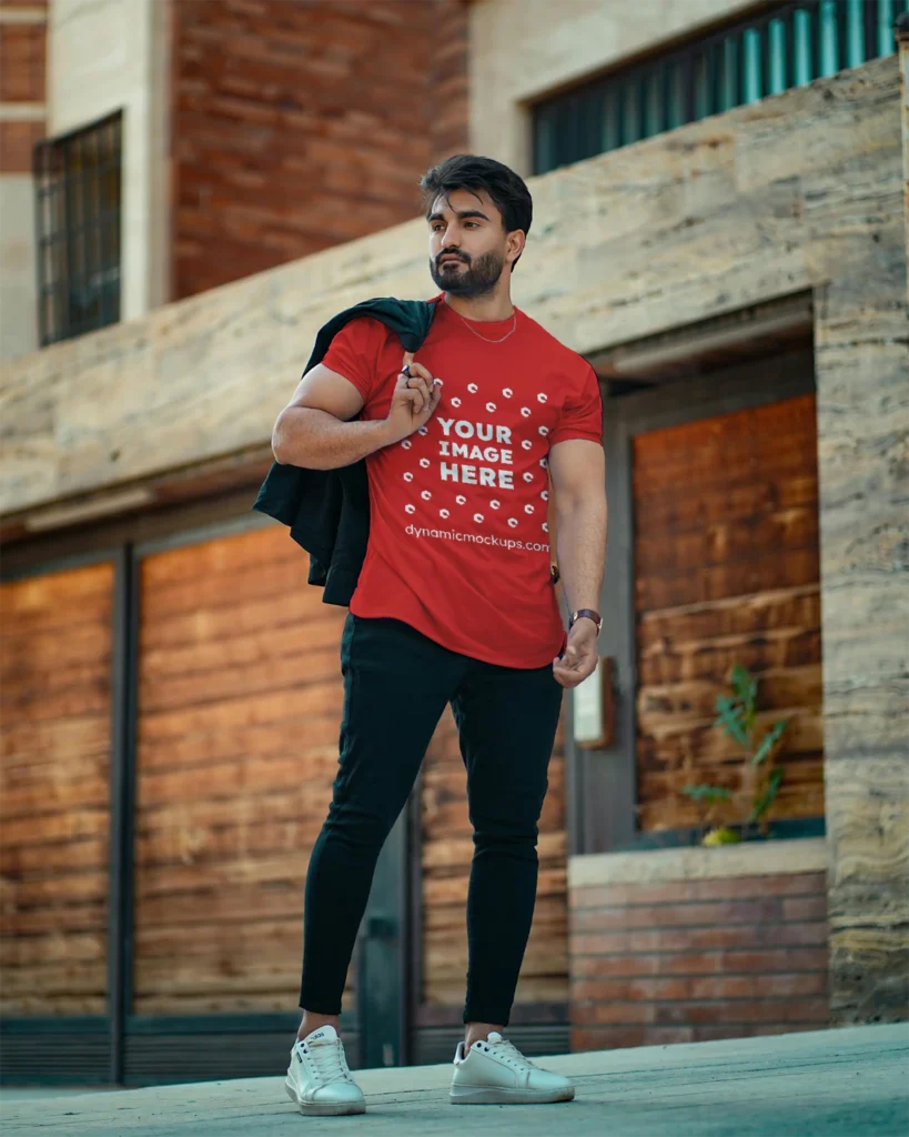 Man Wearing Red T-shirt Mockup Front View Template