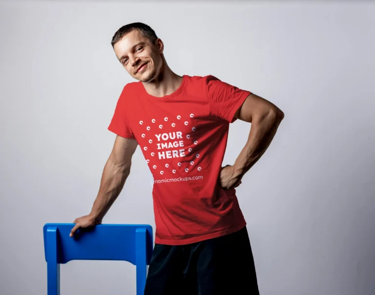 Man Wearing Red T-shirt Mockup Front View Template