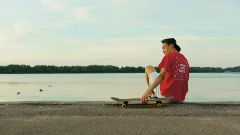 Man Wearing Red T-shirt Mockup Front View Template