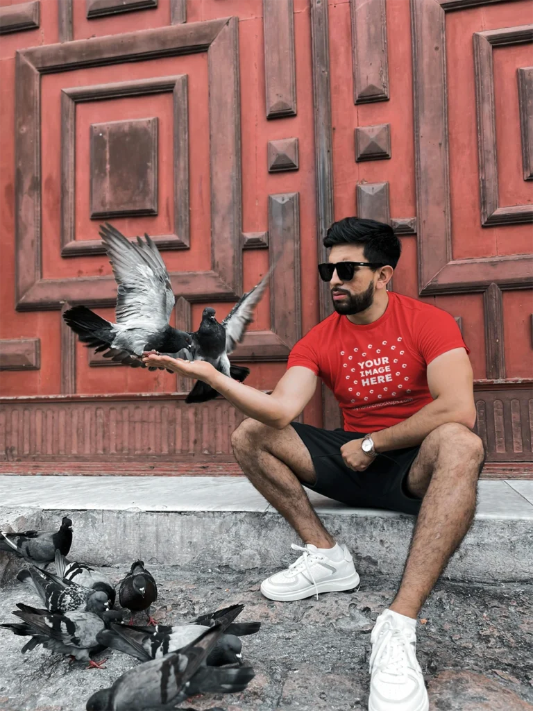 Man Wearing Red T-shirt Mockup Front View Template