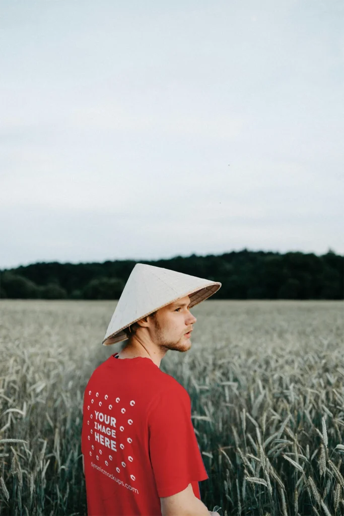 Man Wearing Red T-shirt Mockup Front View Template