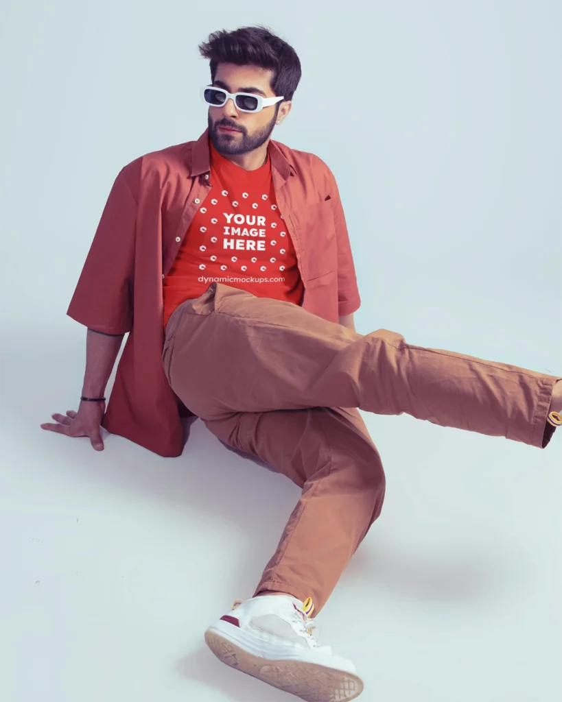 Man Wearing Red T-shirt Mockup Front View Template