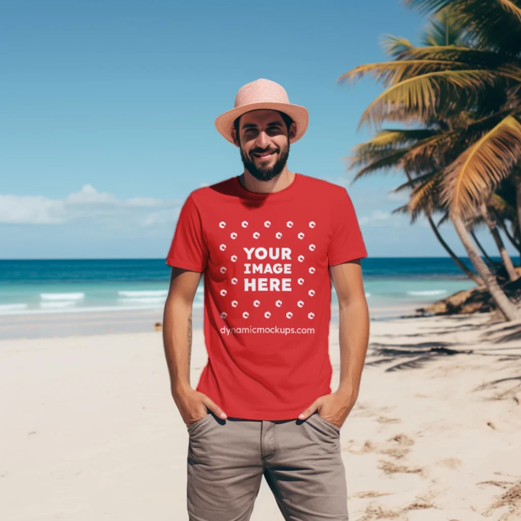 Man Wearing Red T-shirt Mockup Front View Template