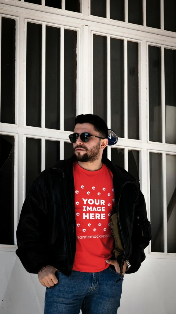 Man Wearing Red T-shirt Mockup Front View Template