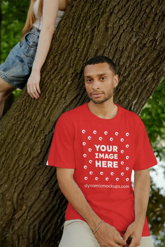 Man Wearing Red T-shirt Mockup Front View Template