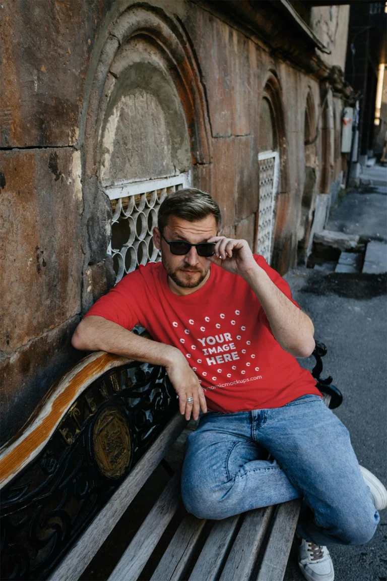 Man Wearing Red T-shirt Mockup Front View Template