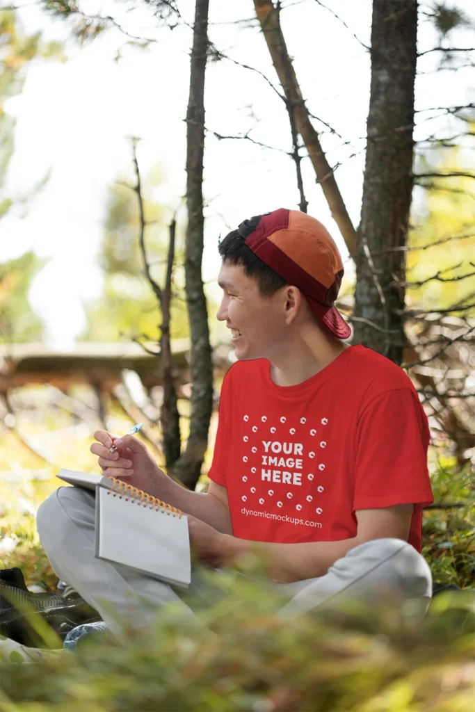 Man Wearing Red T-shirt Mockup Front View Template