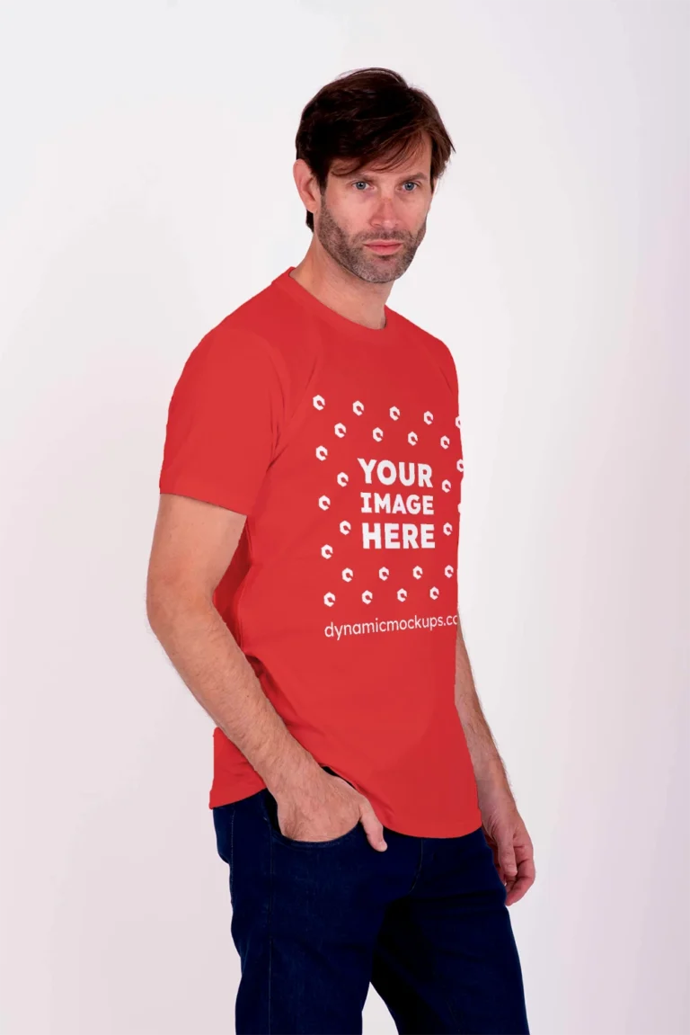 Man Wearing Red T-shirt Mockup Side View Template